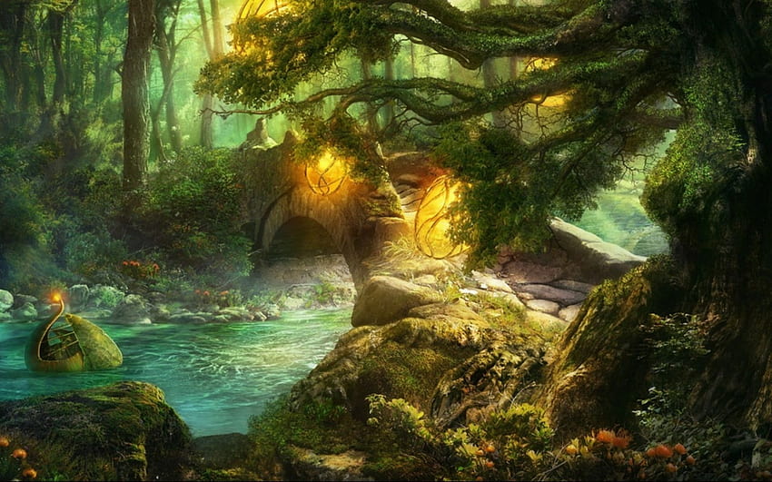 Bosque celta sobre perro, fantasía de primavera forestal fondo de pantalla