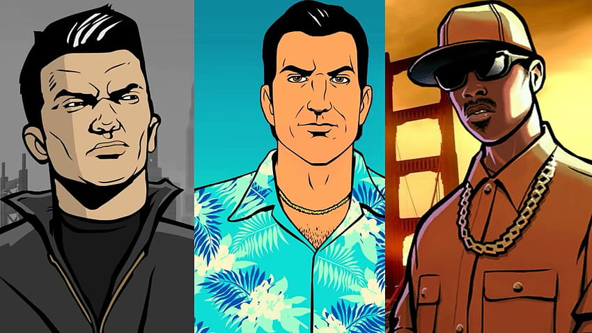 Os 3 heróis de Grand Theft Auto Games: Claude Speed, Tommy Vercetti e Carl Johnson papel de parede HD