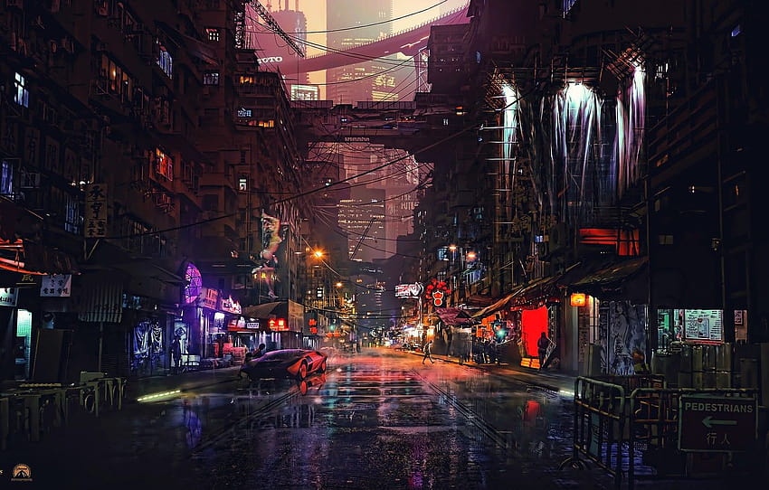 Die Stadt, Zukunft, Neon, Maschine, Straße, Menschen, Viertel, Gebäude, Fiktion, Pfützen, Cyber, Abschnitt фантастика, Cyber ​​City HD-Hintergrundbild