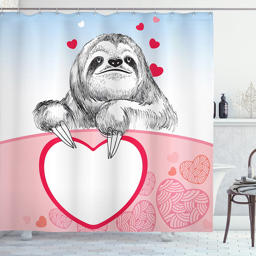 Завеса за душ Sloth, Romantic Sloth Falling In Love Different Heart Figures Valentines Day Art, Комплект за баня от плат с кукички, 69W X 84L инча изключително дълъг, розово бледо синьо черно, от Ambesonne HD тапет за телефон