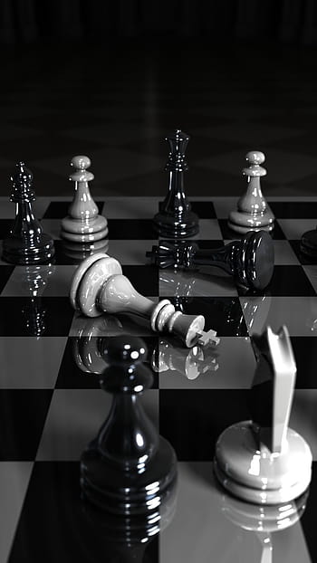 Chess board with chess, Black background, 3d chess, 3d chess black and  white pieces, HD wallpaper