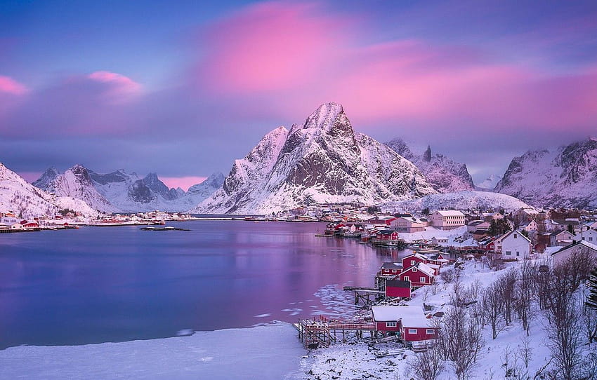 cahaya, pagi, Norwegia, kota, desa, Kepulauan Lofoten, langit merah jambu, bagian пейзажи, langit musim dingin merah jambu Wallpaper HD