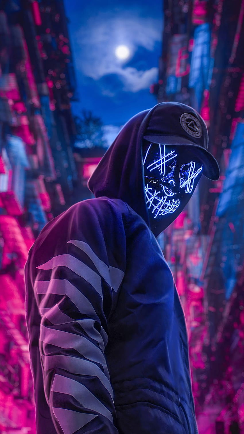 Neon Hoodie Hat Guy, cara de máscara Papel de parede de celular HD