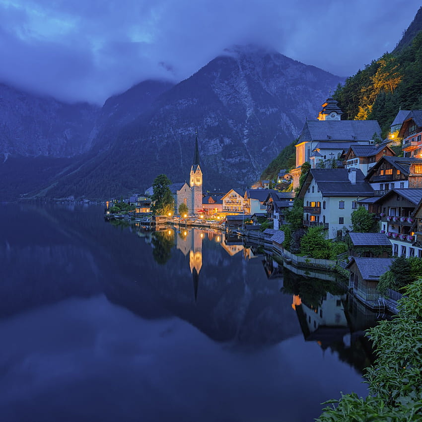 Mountains , Town, Church, Evening, Cold, Lake, Hallstatt, Austria, , World HD phone wallpaper