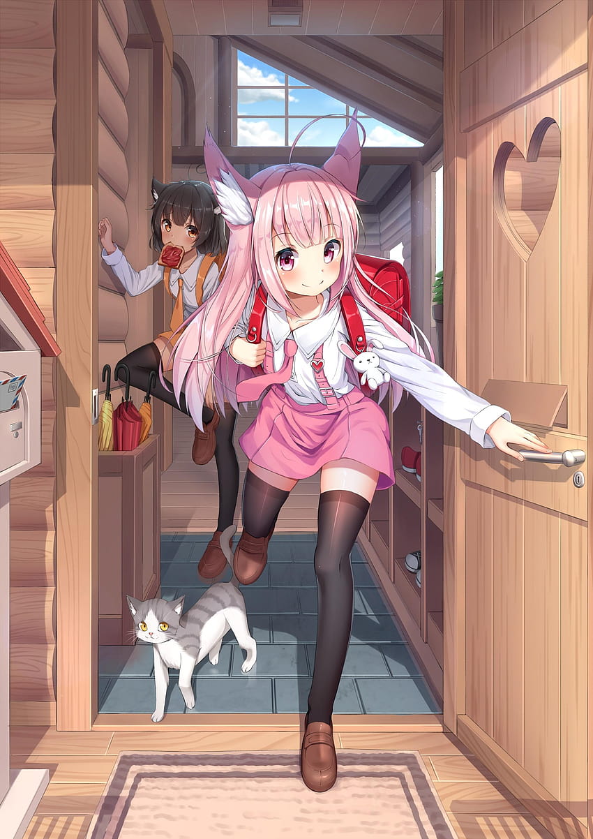Anime-Mädchen, Tierohren, Katze, Haus, Loli, rosa Haare, Anime, Porträt-Anime-Loli HD-Handy-Hintergrundbild