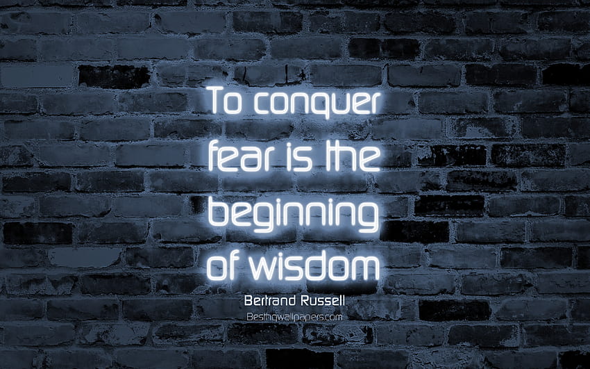 Vencer el miedo es el comienzo de la sabiduría, pared de ladrillo gris, citas de Bertrand Russell, texto de neón, inspiración, Bertrand Russell, citas sobre la sabiduría con una resolución de 3840x2400. Alta calidad fondo de pantalla