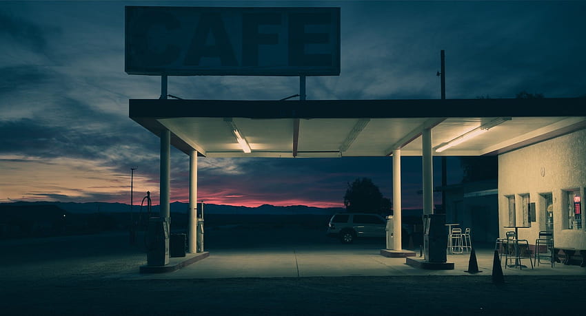 gasolineras, coche, colorido, luces, noche / fondo de pantalla