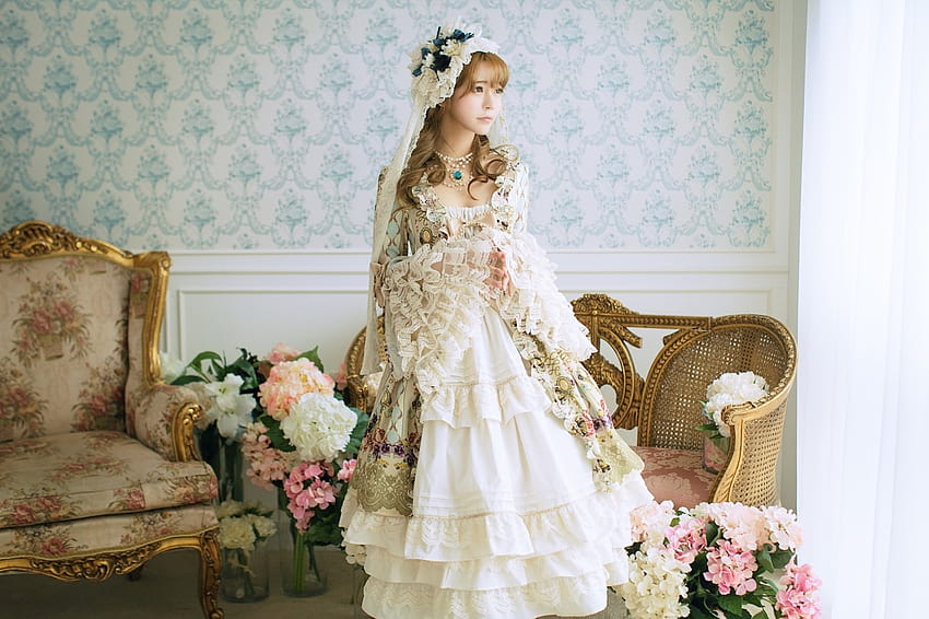 Yurisa Chan Korean Model Women Blonde Standing Looking Away Wedding Dress Wavy Hair HD wallpaper