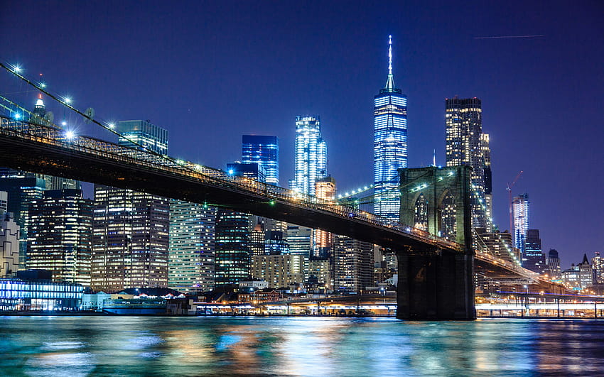 Pont de Brooklyn, Empire State Building, paysages nocturnes, New York, États-Unis, villes américaines, Pont de Brooklyn la nuit, New York City, NYC, Villes de New York, Amérique avec résolution 3840x2400 Fond d'écran HD