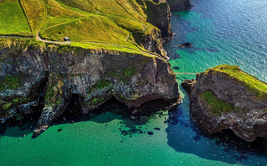2808654 cliff bridge grass island ireland sea coast green, cliff drone view HD wallpaper