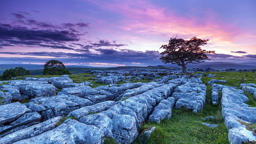 Zachód słońca nad Winskill Stones w Yorkshire Dales National, kamienie Tapeta HD