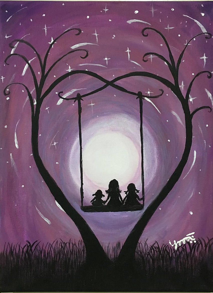 Mother with her Daughters on swing at sunset silhouette, mother drawings HD phone wallpaper