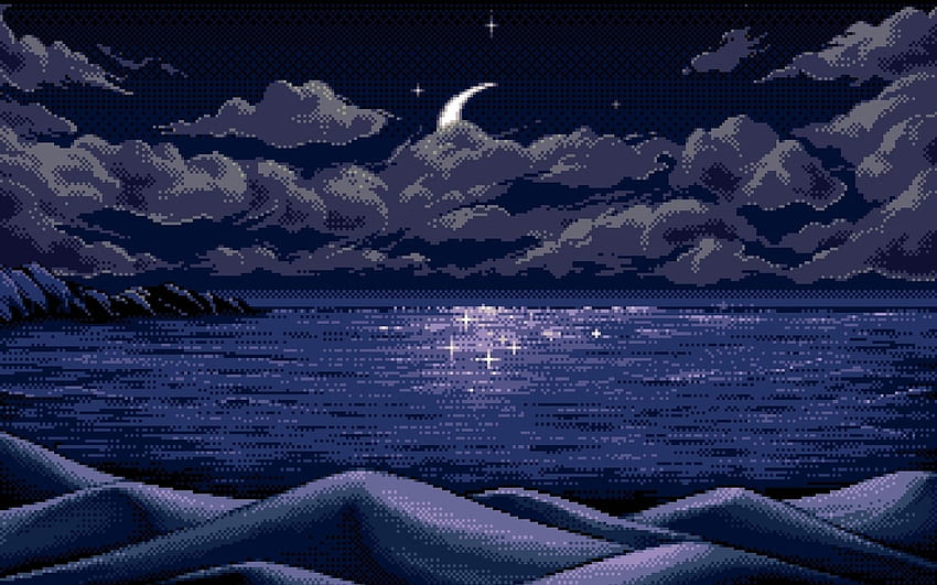 digital Art, Pixel Art, Pixels, Moon, Horizon, Blue, Reflection, Nature, Sea, Clouds, Hills, Mountains, Night, Stars, Landscape / and Mobile Backgrounds, pixel moon HD wallpaper