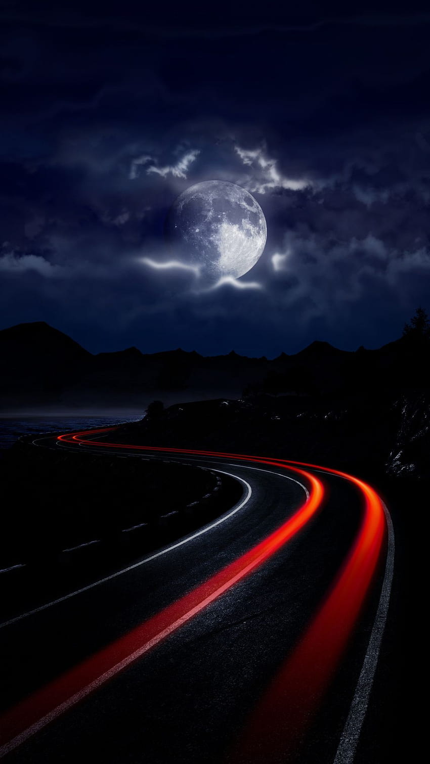 Mond über Straße, Rennstrecke, dunkel, Kunst, 1080 x 1920, Rennstrecke HD-Handy-Hintergrundbild