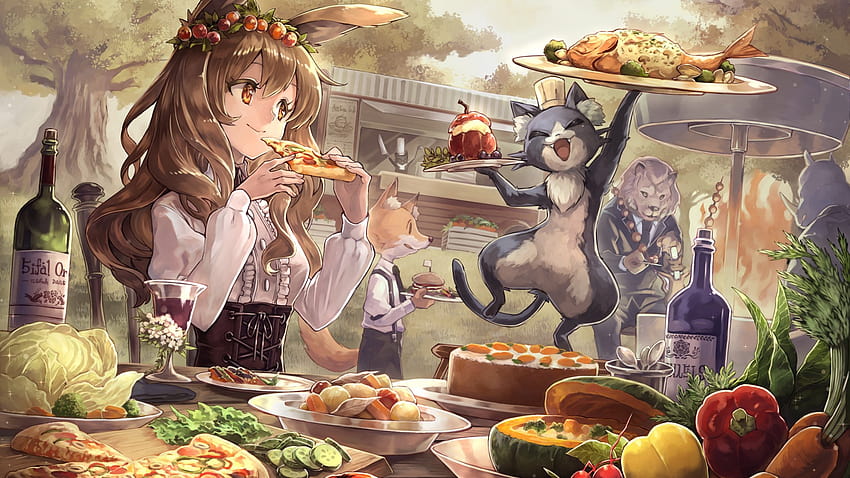 1920x1080 Cute Anime Girl, Feast, Pizza, Fruits, Vegetables, Cute Creature, Animal Ears for , pizza girl HD wallpaper
