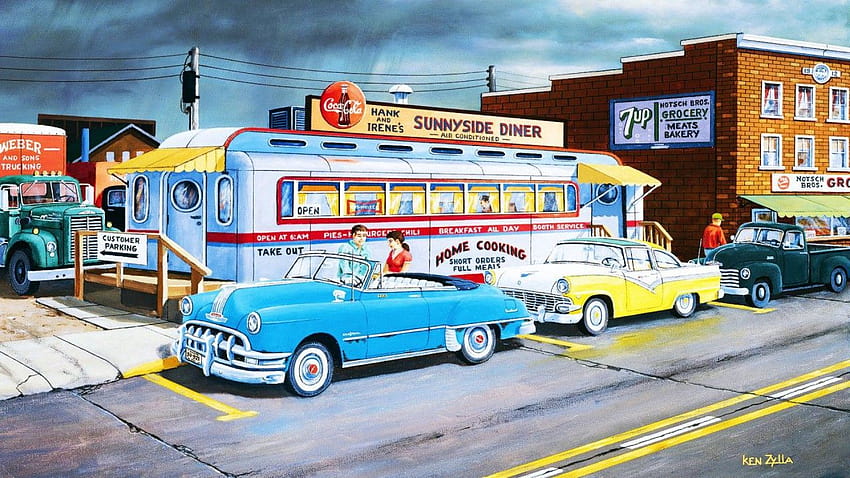 Cars People Street Diner Retro, mobil retro Wallpaper HD