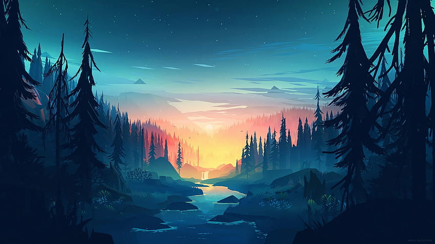 лес, закат, forest, sunset, artwork, aesthetic horizontal ps4 HD wallpaper