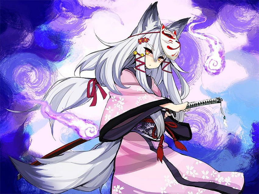 animal, Ears, Bell, Flowers, Foxgirl, Katana, Kimono, Long, Hair, fox girl white hair anime HD wallpaper