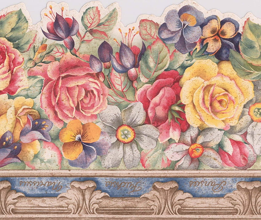 赤、ピンク、黄色のバラの花ヴィンテージ花ボーダー レトロ、バラの花のアートワーク 高画質の壁紙