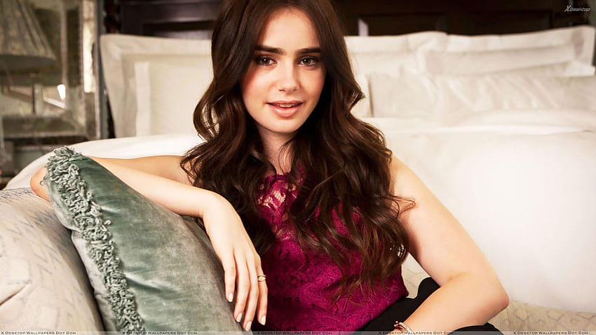 Lily Collins Sitting Pose In Pink Dress N Innocent Face, lily collins 2019 HD wallpaper