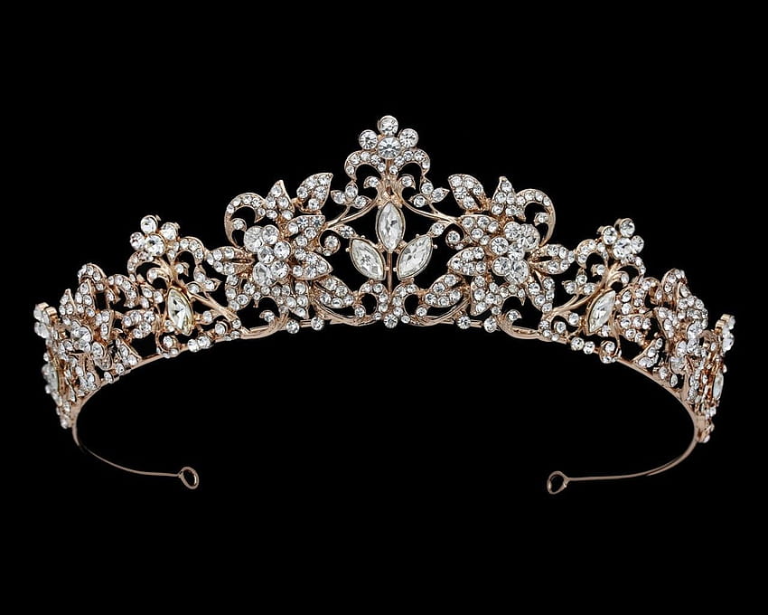 Tiara de boda y quinceañera con pergamino de diamantes de imitación de oro rosa, coronas de quinceañera fondo de pantalla