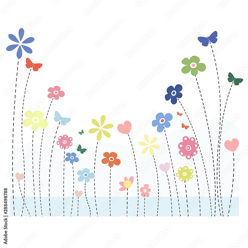 Flores da primavera. Coração colorido, fundos florais de design de borda de borboleta Vetor de estoque, borda de página de primavera Papel de parede de celular HD