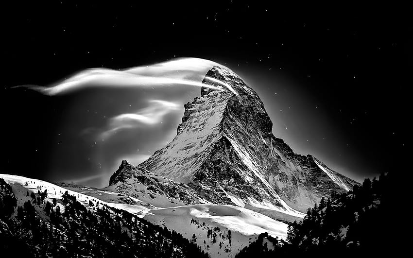 mountains, snow, night, Switzerland, monochrome, Alps, Matterhorn, matterhorn starry sky HD wallpaper