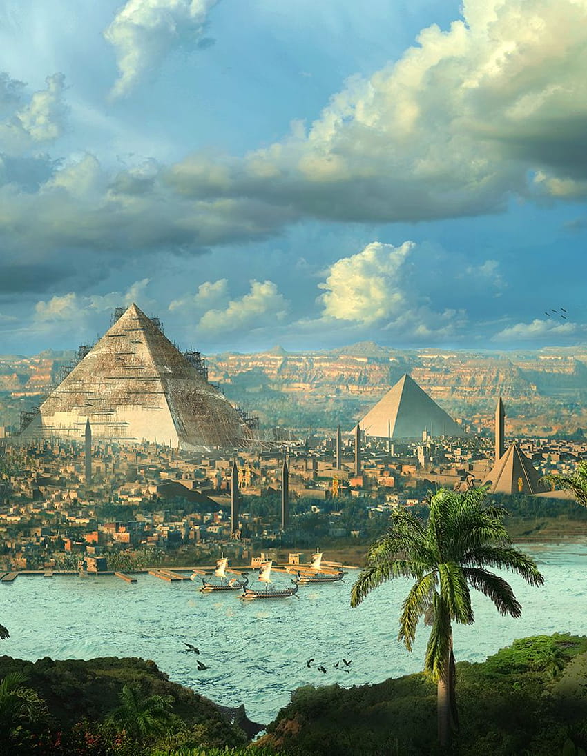 Egito, paisagem urbana, pirâmides, fantasia, arte, pirâmide iphone Papel de parede de celular HD