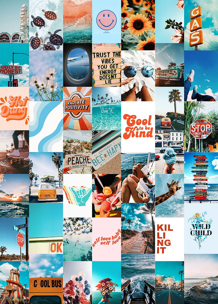 Summer Blues Wall Collage Kit Dinding digital, kolase musim panas biru wallpaper ponsel HD