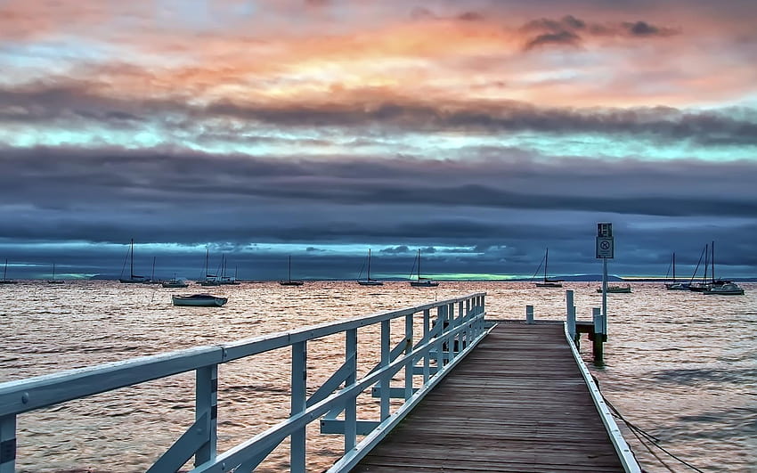 Dock pier ocean sea sky clouds sunset boat boats, pier dock at sunset HD wallpaper