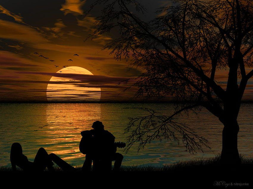guitar sunset, couples HD wallpaper