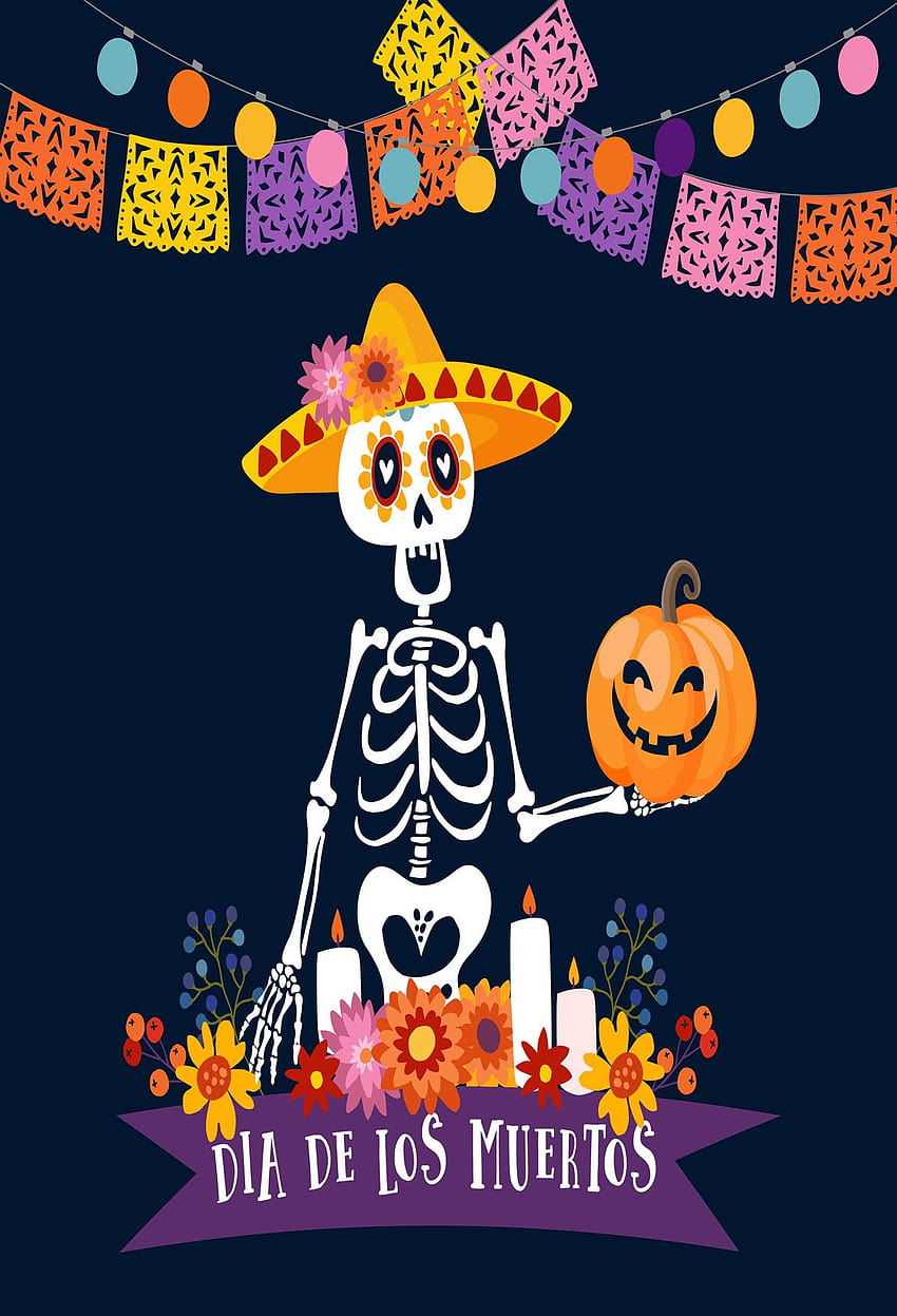 Мексикански фонове за Деня на мъртвите Тиквен череп Графика Фонове Dia de la Muertos Backdro…, мексикански Хелоуин HD тапет за телефон
