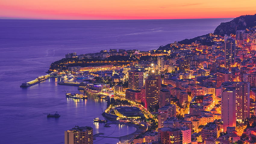 Monte Carlo , Sunset, Dawn, Cityscape, Harbor, City lights, Night, Dusk, Monaco, World, monte carlo harbour monaco ultra HD wallpaper