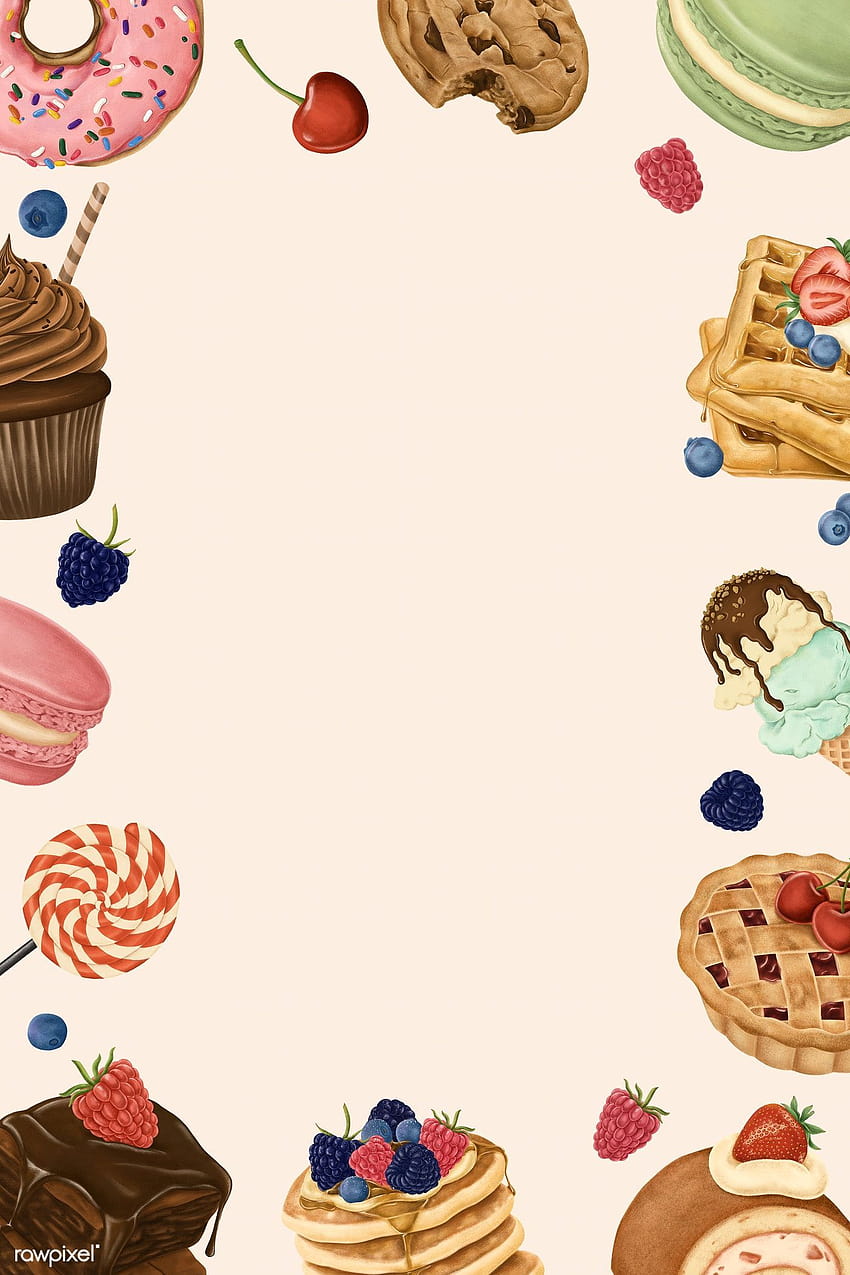 Makieta ramki ozdobiona cukierkami i deserami, animowane desery Tapeta na telefon HD