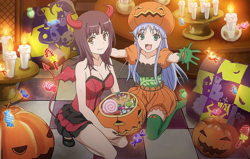 joy, table, magic, pillow, candles, sweets, Halloween, horns, gloves, To Aru Majutsu no Index, in the room, candy, art, devil, on my knees, chess floor , section сёдзё HD wallpaper