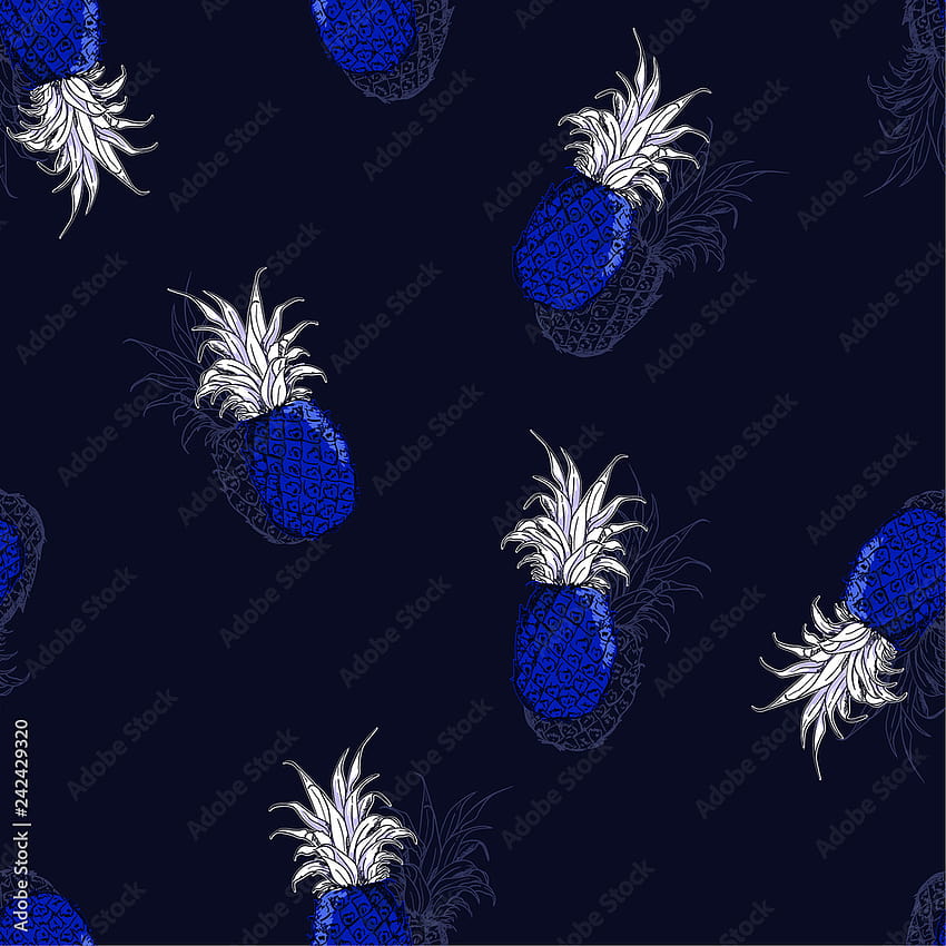 Ananas di colore blu monotono estivo scuro disegnato a mano con vettore di reticolo senza giunte ombra per moda, tessuto e tutte le stampe Stock Vector, ananas ombra Sfondo del telefono HD
