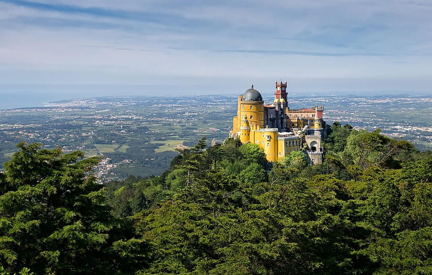 the sky, castle, tower, mountain, valley, Portugal, pena palace HD wallpaper