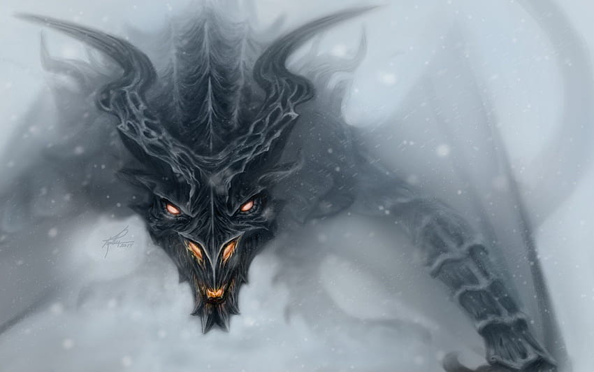 Art blizzard dragon face fantasy orange eyes skyrim alduin snow HD wallpaper