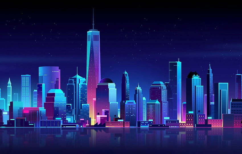 Home, New York, Night, The city, Neon, Style, Building, The building, Skyscrapers, USA, Architecture, Art, New York City, World Trade Center, World trade center 1, dom Tower , section HD wallpaper
