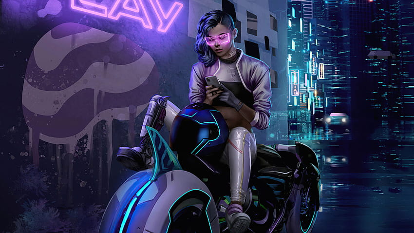 Telefone de mensagens de texto Cyberpunk Bike Girl, artista, planos de fundo e papel de parede HD