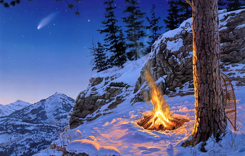 winter, stars, snow, landscape, mountains, night, spruce, the fire, pine, painting, Darrell Bush, Starfall, Once in a Lifetime, late in the evening , section живопись, mountains late winter HD wallpaper