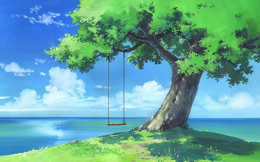 Anime Tree on Dog, aesthetic green anime computer HD wallpaper