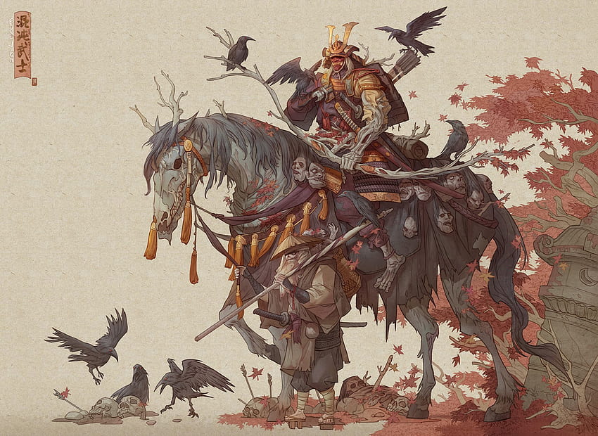 ID: 159147 / Hua Lu, drawing, digital art, samurai, men, creature, armor, horse, crow, tie, fantasy art, epic samurai with crow HD wallpaper