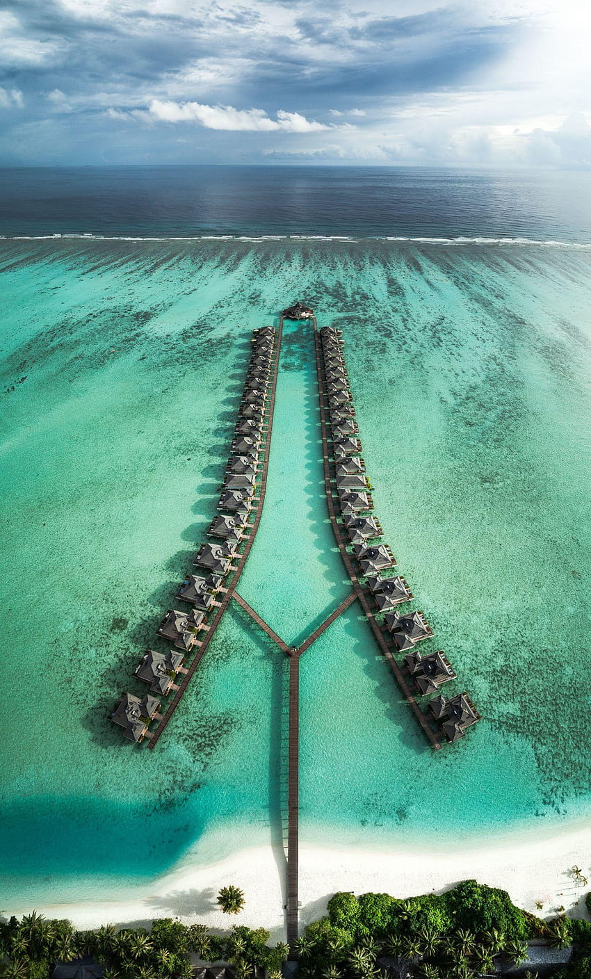 Курорт, вила, тропически острови, Малдиви, симетричен, изглед от въздуха, курортен изглед от въздуха на остров Малдиви HD тапет за телефон