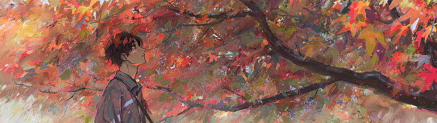 Anime Guy grapher Maple Tree Jesień, 5120x1440 jesień Tapeta HD