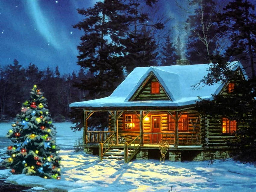 snowy christmas log cabin, a smoky mountain christmas HD wallpaper