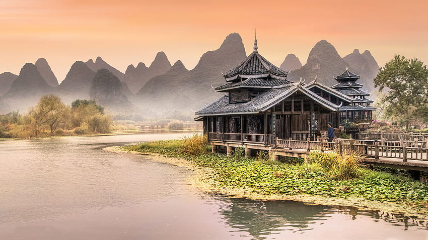 Chinese Traditional House In An Amusement Park Near Yangshuo Reconstruction Near The River For Tablets Best 3840x2160 : 13, house by the river HD wallpaper