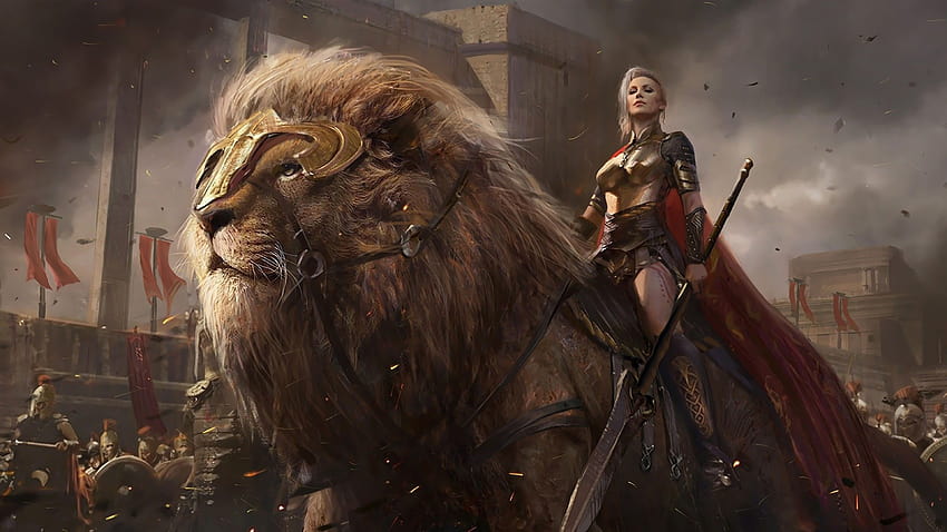 Fantasy Lion Female Warrior Army, chica guerrera de fantasía fondo de pantalla