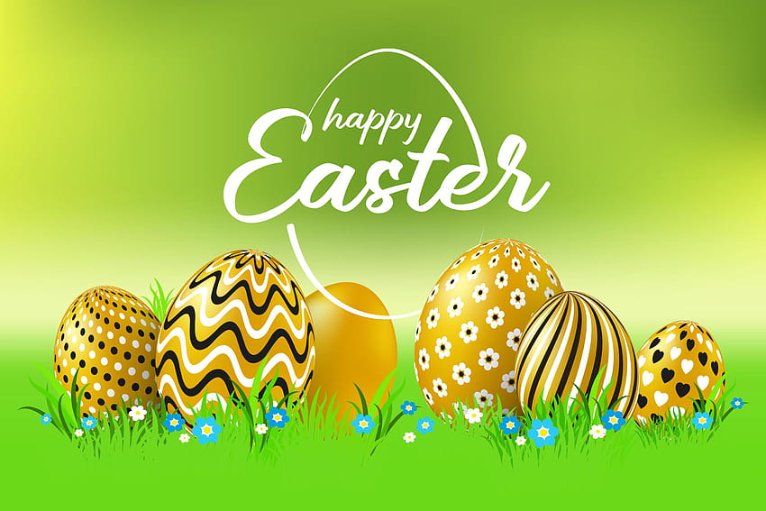 Happy Easter celebration card with golden decorated easter eggs. The poster with the golden text Happy Easter on a green grass background. Vector Illustration. 5120255 Vector Art at Vecteezy HD wallpaper