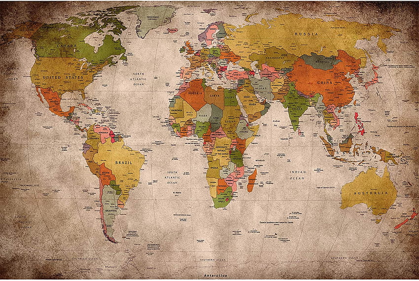 Póster GREAT ART® – Mapa del mundo retro – Old School Vintage Used Look Continentes Atlas antiguo Geografía Cartografía Decoración Mural de pared Din A2, mapa del mundo vintage fondo de pantalla